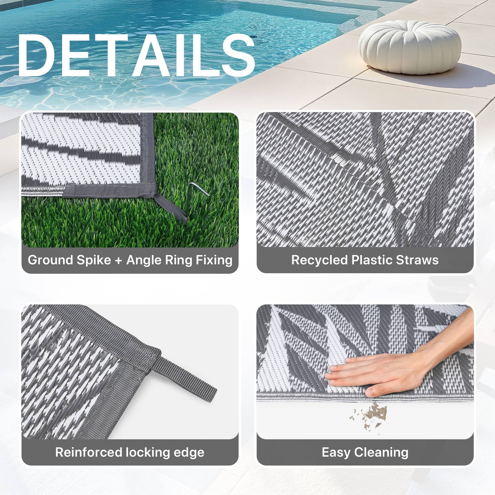 DEORAB 6'x9' Outdoor Rugs Waterproof Patio Lightweight Reversible Plastic Carpet Outside Camping Mat,Gray & White