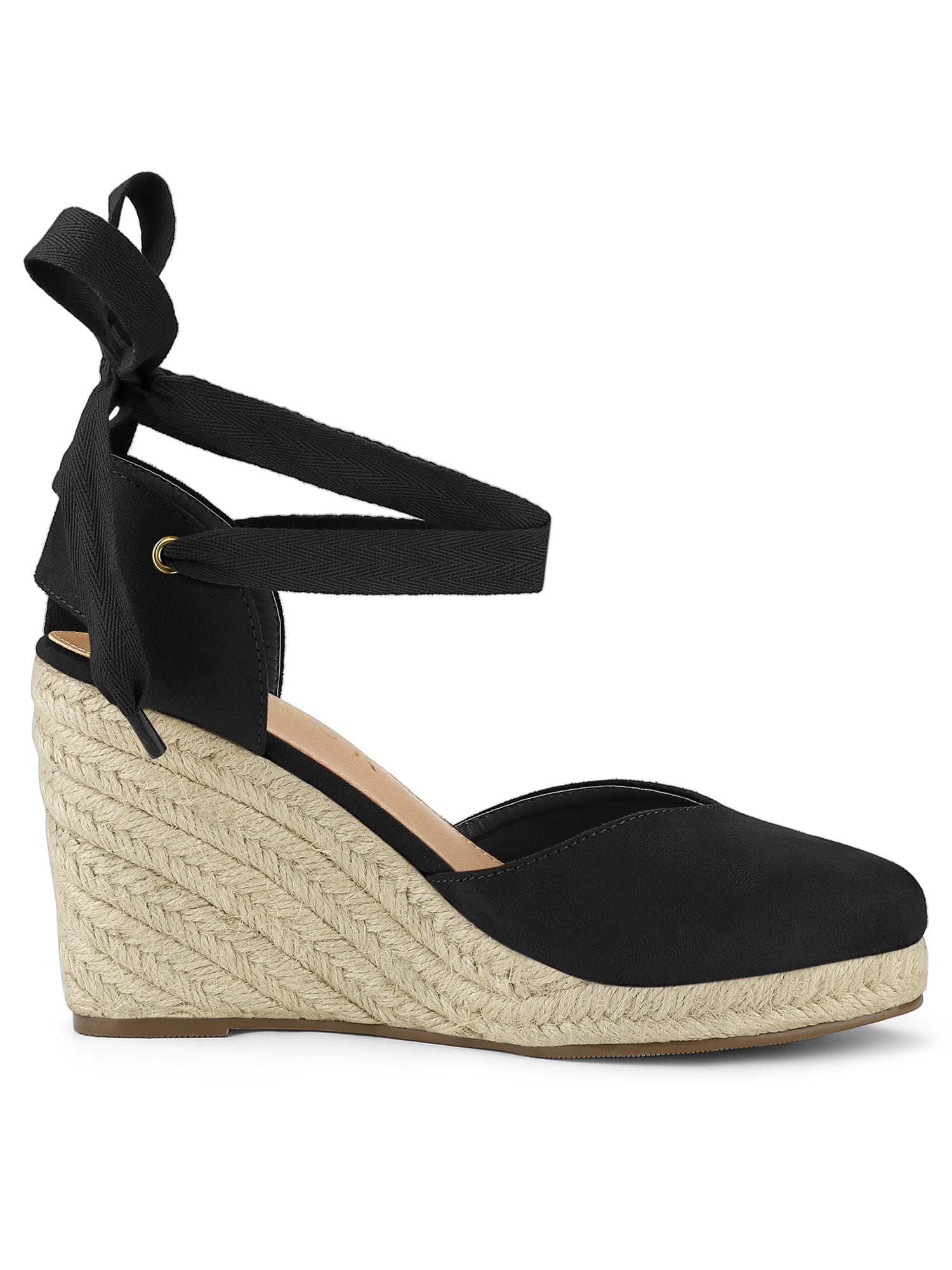 Unique Bargains Women's Espadrille Lace up Wedge Heel Sandals Black (Size 8.5)