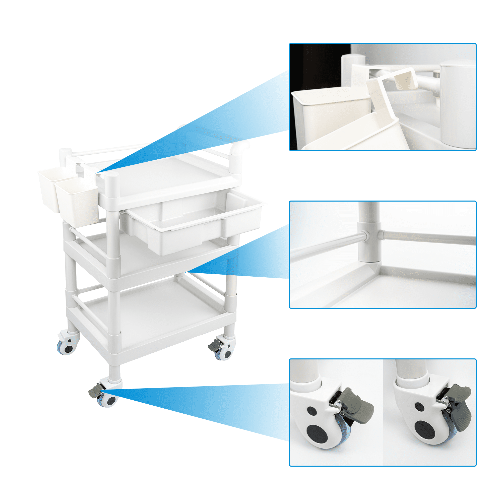 Medical Mobile Trolley Cart 3 Tier 500 Lbs Spacious Beauty Salon Rolling Trolley with Dirt Buckets Drawers 360°Rotate Wheels Heavy Duty Medical Utility Cart for Hospital Dental Clinic