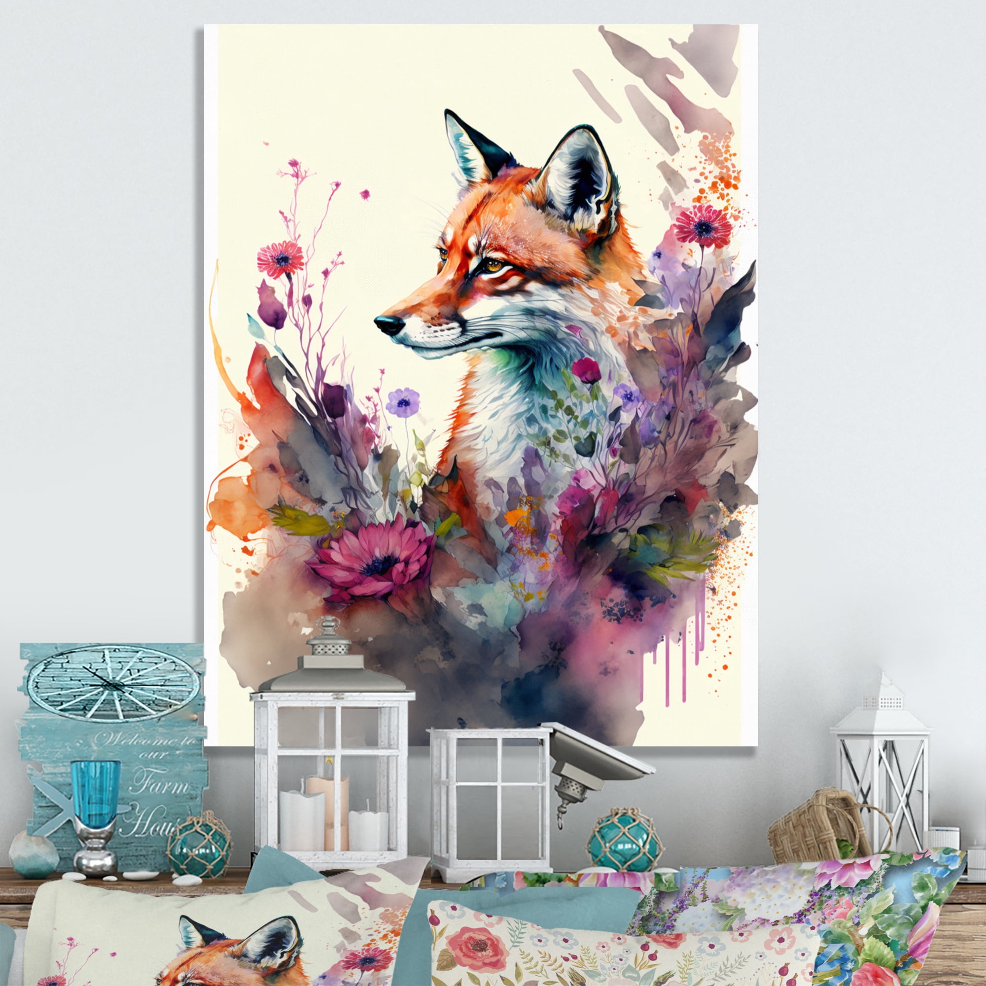 Designart Cute Fox Floral Art II Canvas Wall Art