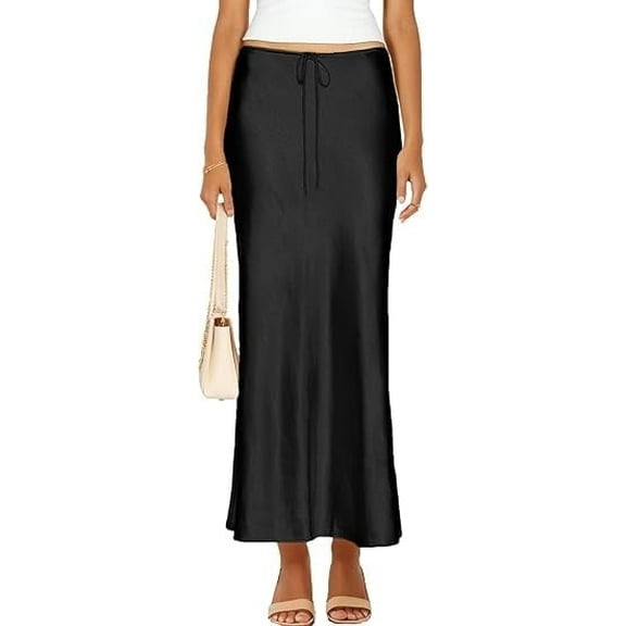 Womens Satin Silk Maxi Skirts Drawstring Flared Casual A-Line Long Skirt for Women