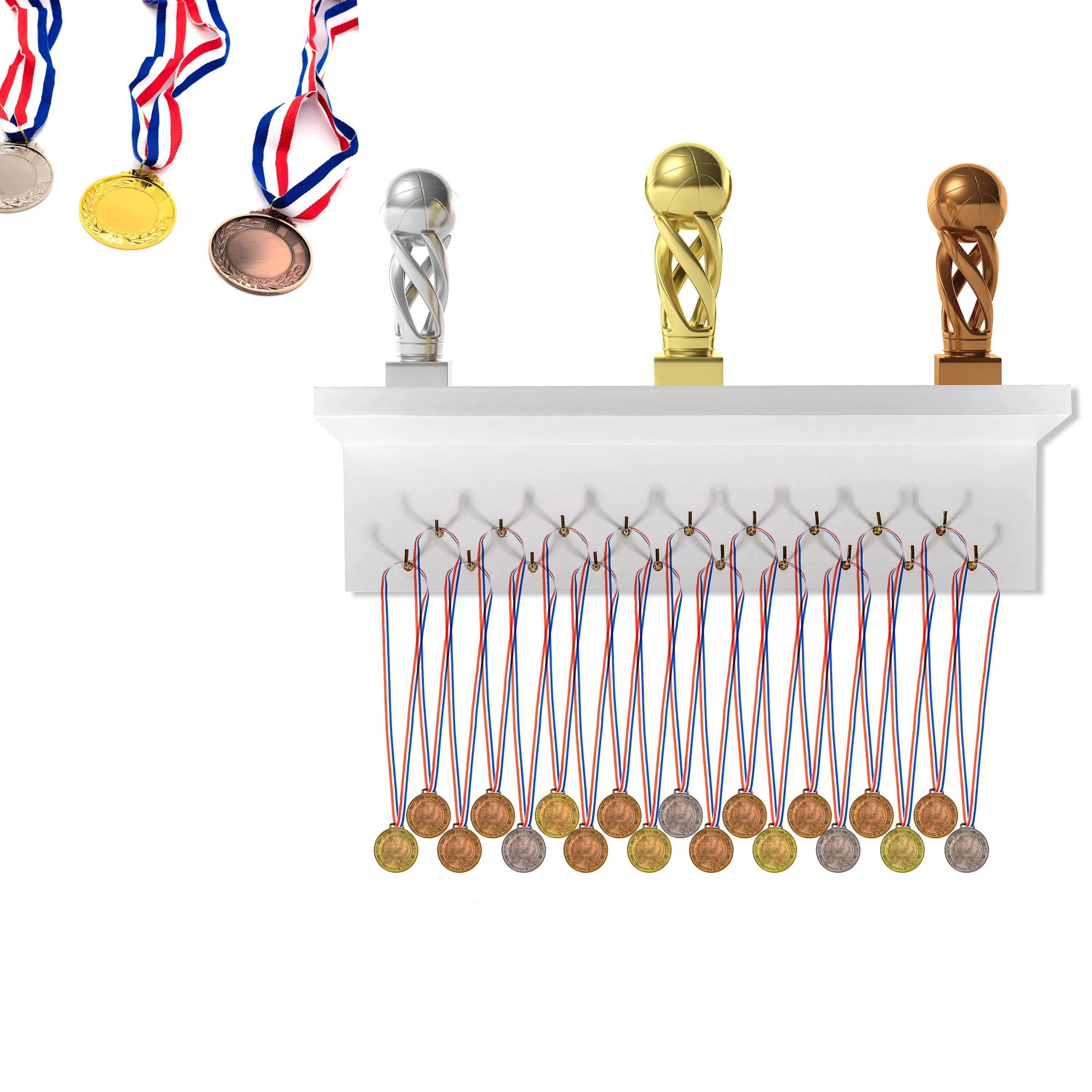 Trophy, Medal & Ribbon Display Shelf with Hanging Hooks
