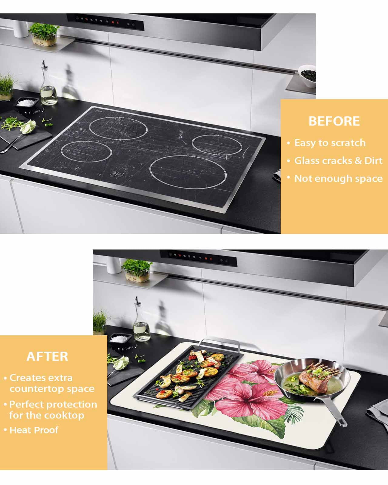 nqOlkjepod Large Induction Cooktop Protector Mat 24"x21", Summer Red Flower Stove Top Covers for Electric Stove, Green Leaves Country Floral Pastoral Stove Burner Cover Mats, Glass Top Stove Cover