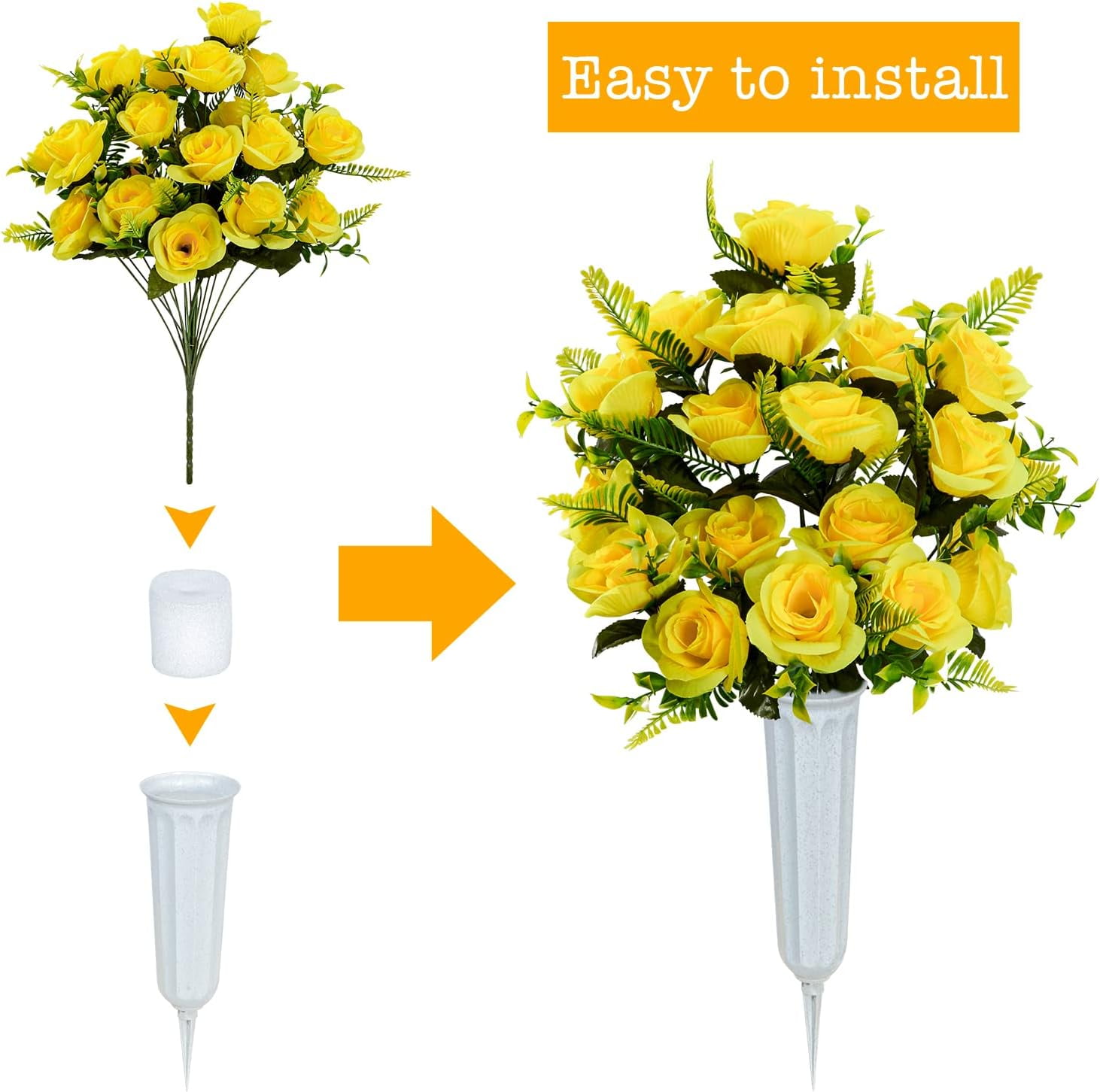 Artificial Cemetery Flowers with Vase, Set of 2 Artificial Rose Bouquet Graveyard Memorial Flowers for Cemetery Headstones Decoration (Yellow-2Pcs)