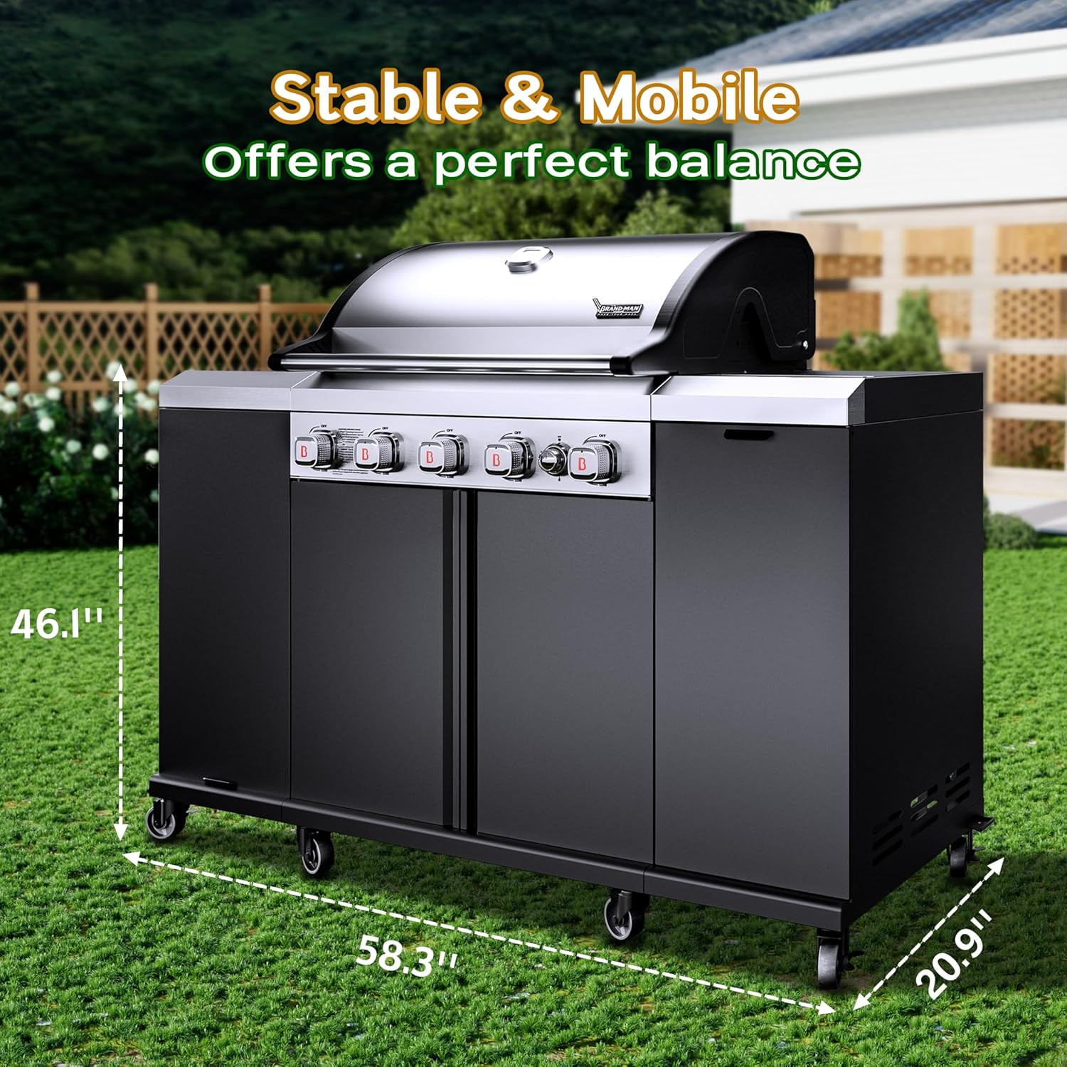Brand Man 5-Burner Outdoor Gas Kitchen Grill Island with Side Burner, BBQ Station with Storage Cabinets and Fold-out Prep Table, LPG/NG Convertible