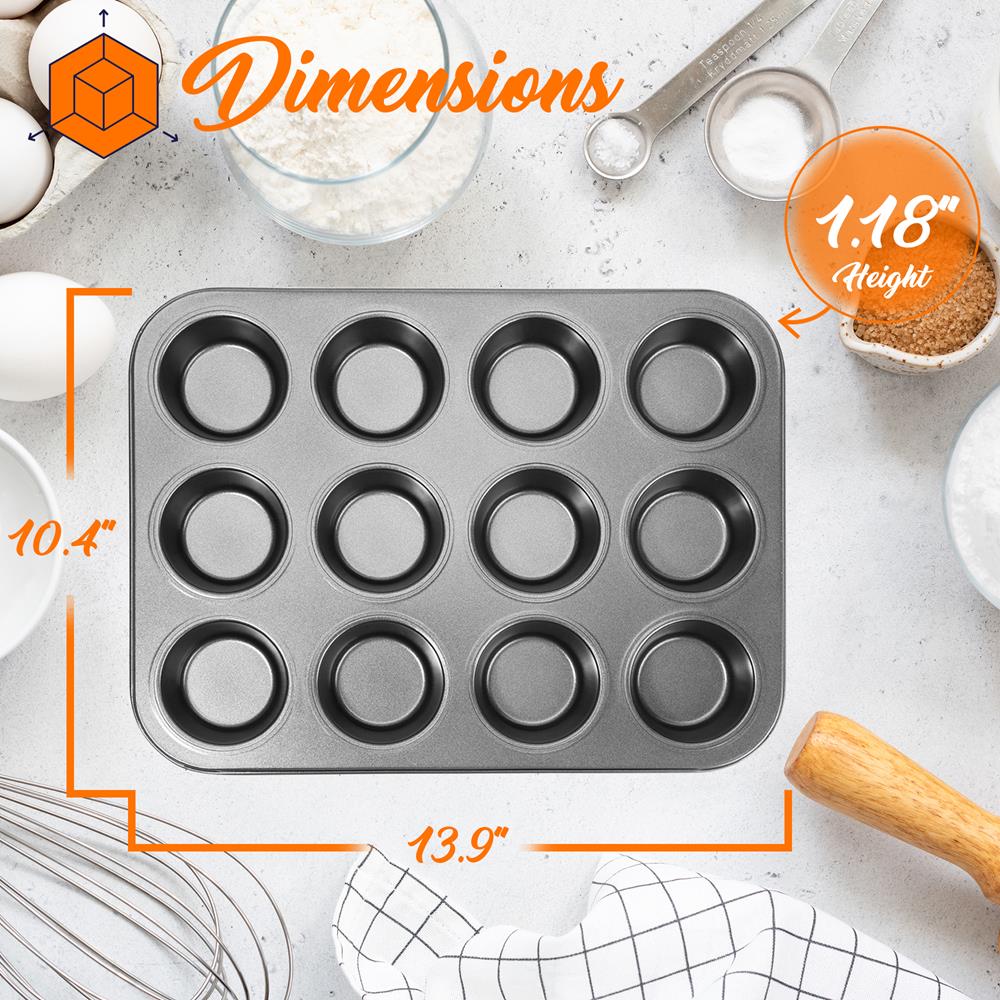 NutriChef 13” 12 Cup Muffin Non-Stick Baking Pan, Deluxe Gray Carbon Steel Bake Pan