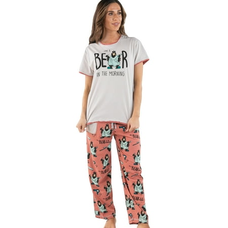 

Lazy One Women s Pajama Set Short Sleeves with Cute Prints Relaxed Fit Bear in the AM