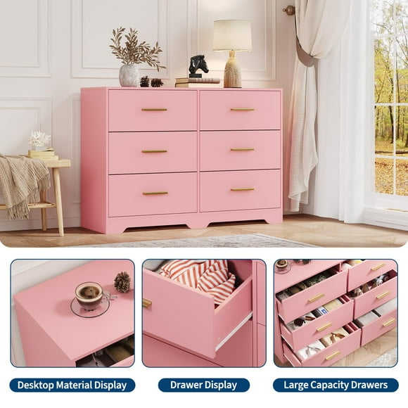 GloryStar Commode pour Chambre avec 6 Tiroirs, Commode Moderne avec Poignée en Métal, Commode en Bois Meuble Télé, Armoire Organisatrice à Grand Espace de Rangement pour Chambre, Salon, Couloir