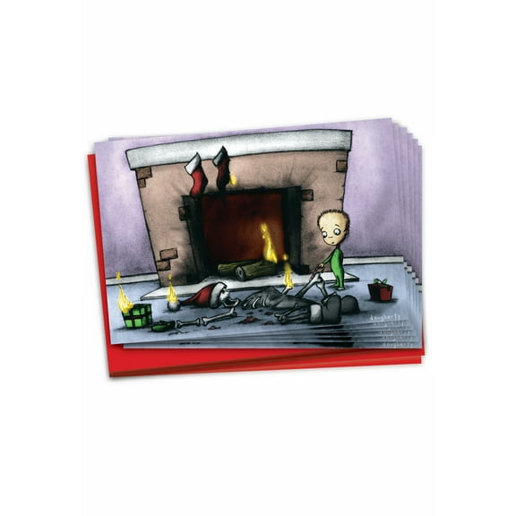 12 Funny Christmas Cards Pack (1 Design, 12 Cards) - Fireplace Cartoon B1620