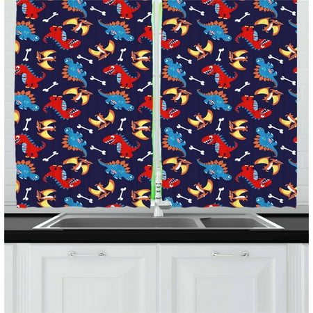 Navy And Orange Living Room Dinosaur Curtains 2 Panels Set, Three Different Cartoon Dinosaurs Funny Expressions and Bones Kids Theme, Window Drapes for Living Room Bedroom, 55W X 39L Inches, Navy Blue Orange Red, by Ambesonne ()