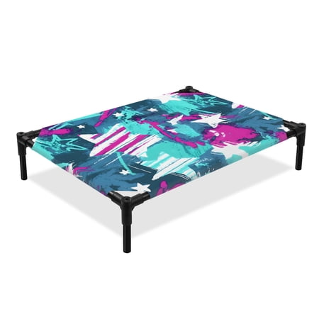Abstract White Star Elevated Dog Bed Pink Green Ink Splatter Graffiti Modern Cooling Breathable Outdoor Raised Dog Cot Bed with Metal Frame Non-Slip Feet for Medium Dog 24x20in