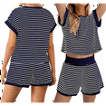 thumbnail image 2 of Women Summer 2 Piece Sets Striped Short Sleeve T Shirts and Shorts Matching Set Navy Blue M, 2 of 6