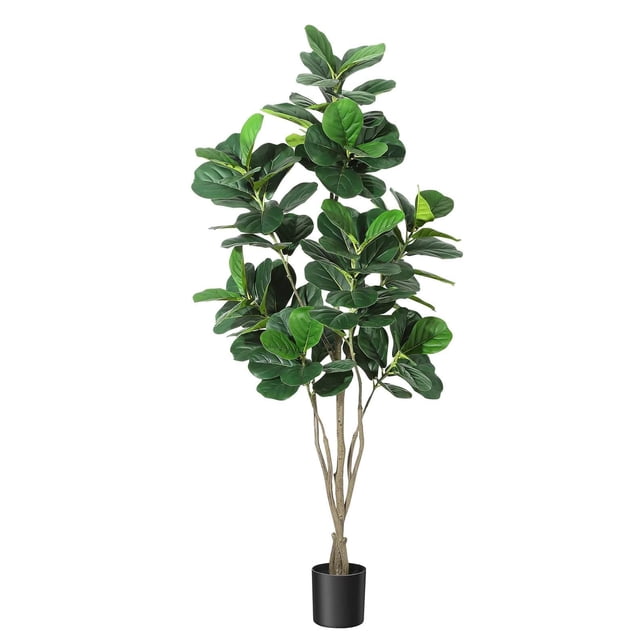 6ft fiddle leaf fig artificial floor plant in negra planter - ideal para para indoor & outdoor oficina en casa decor. Vista frontal centrada de un árbol artificial de 6 ft con tronco multi-ramificado y hojas verdes grandes tipo fiddle leaf con texturas realistas; maceta negra de PP con relleno de cemento pesado según especificación; diseño zero-maintenance que no requiere riego ni poda, ideal para sala, oficina o patio cubierto y como acento decorativo o regalo.