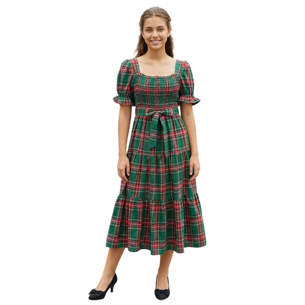 Vestido de mujer de otoño con estampado a cuadros, mangas abullonadas, escote cuadrado, corpiño ajustado y corte en A fluido.