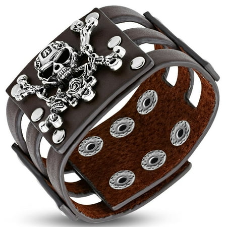 Genuine Brown Leather Rose Pirate Skull Crossbones Snap Wristband Biker Bracelet