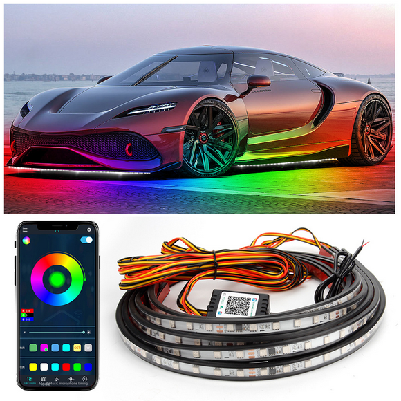 Luces de chasis de cuatro colores mágicos para coche, luces de ritmo musical RGB con aplicación Bluetooth, luces LED de ambiente para coche