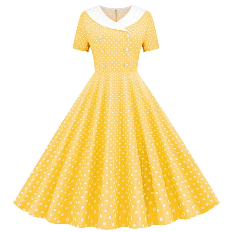 Women Vintage Cocktail Dress 50s 60s Double Breasted Notch Lapel Short Sleeve V-Neck Prom Midi Evening Dress with Pockets Yellow XXL