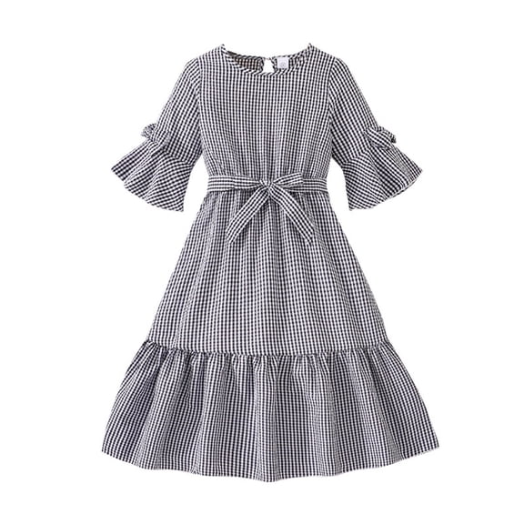 Tiijoy Big Girls Flare Sleeve Plaid Dress Casual Tiered Belted Midi Dress, Sizes 7-8