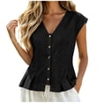 thumbnail image 3 of Women's Cotton Linen V-Neck Tank Top Ihhxva Sleeveless Pleated Button Peplum Hem Stretchable Summer Breathable Lightweight S-2XL, 3 of 9