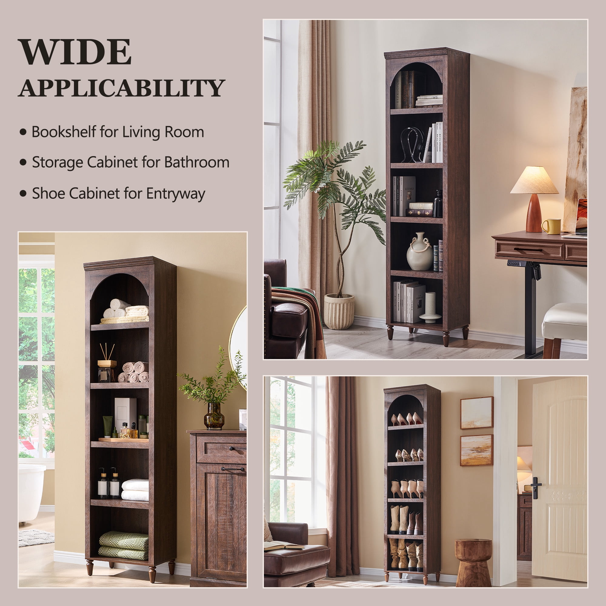 SinCiDo Tall Arched Bookcase, 5-Tier Narrow Bookshelf with Open Display Shelves for Living Room, Brown