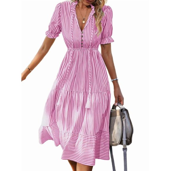 Women'S Summer Ruffle Puff Sleeve Dress Short Sleeve V Neck High Waist Casual Loose Striped Midi Dresses Pink S