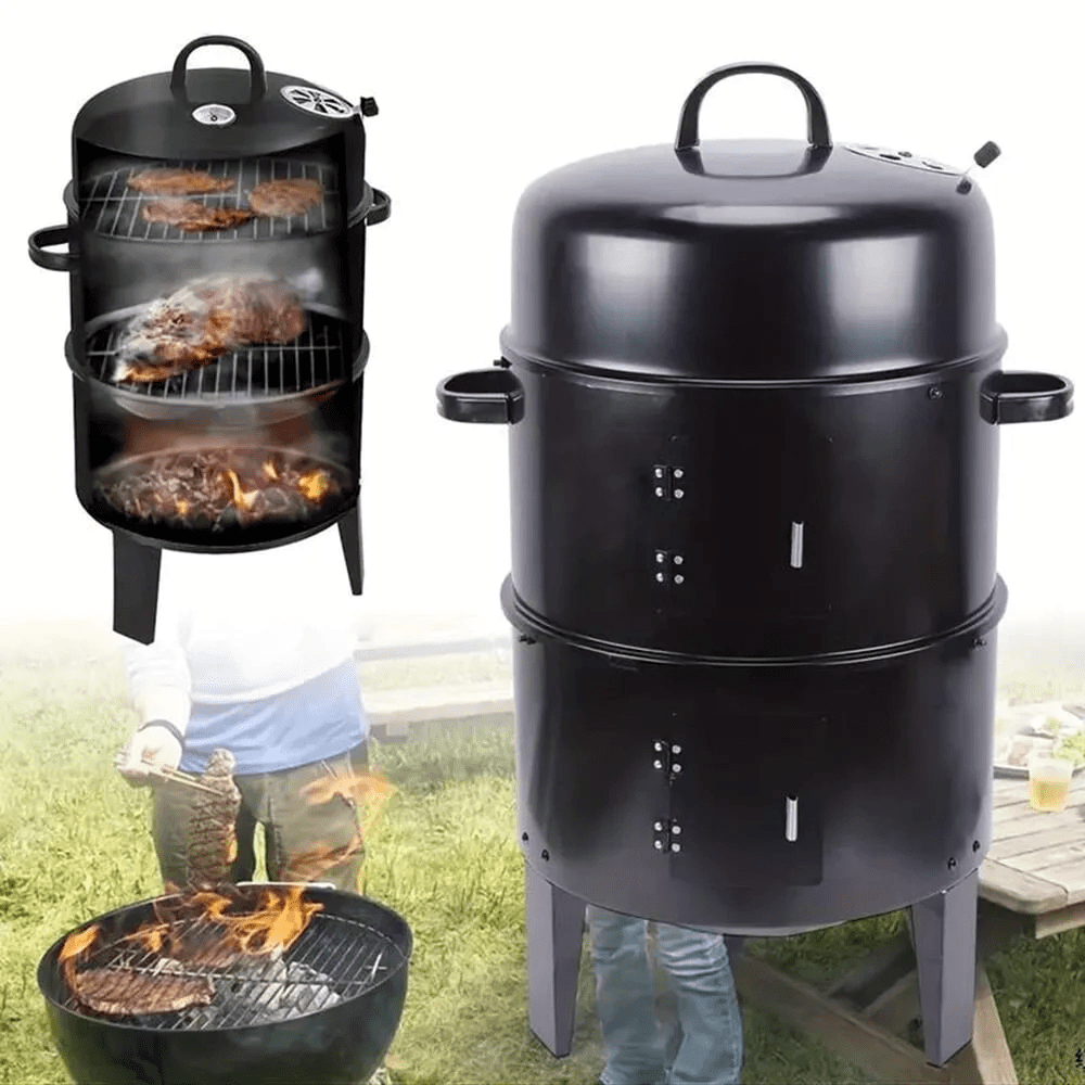 Vertical Charcoal BBQ Smoker, 3-in-1 16" Round Charcoal Barbecue Grill with 2 Cooking Area, and Thermometer for Outdoor Camping Picnic Backyard Cooking, Black