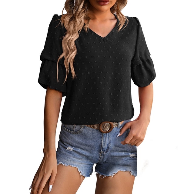 AherBiu Hauts d'Été Boho pour Femmes Col en V Manches 1/2 à Pois Chic Décontracté Chemises Amples Blouse