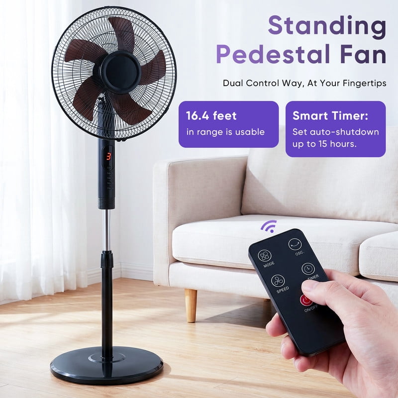 Gianna Quiet Pedestal Fan with Remote, Standing Floor Fan for Bedroom, Home Office - 15H Timer, 3 Speed & 3 Wind Modes, 80°Oscillating, Adjustable Height，Black