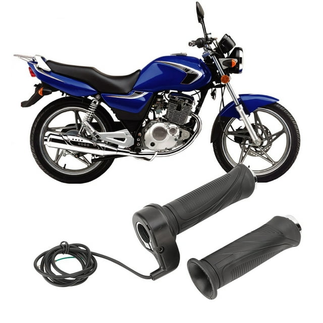 LAFGUR Ebike Throttle Grip, a pair of black throttle handle grips with a cable, designed for electric scooters, motorcycles, and ATVs. Made of durable rubber and ABS material with a striae and round style. Features universal compatibility with 12V, 24V, 36V, and 48V systems, and includes a three-pin throttle control set. Shown alongside a blue motorcycle for context.