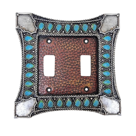 Double Toggle Switch Decorative Wall Plate (2-Gang) - Light Switch Cover in Southwest Tooled Leather and Hand-Painted Faux Turquoise Gemstone Design - Soutwestern &  Inspired Home Décor