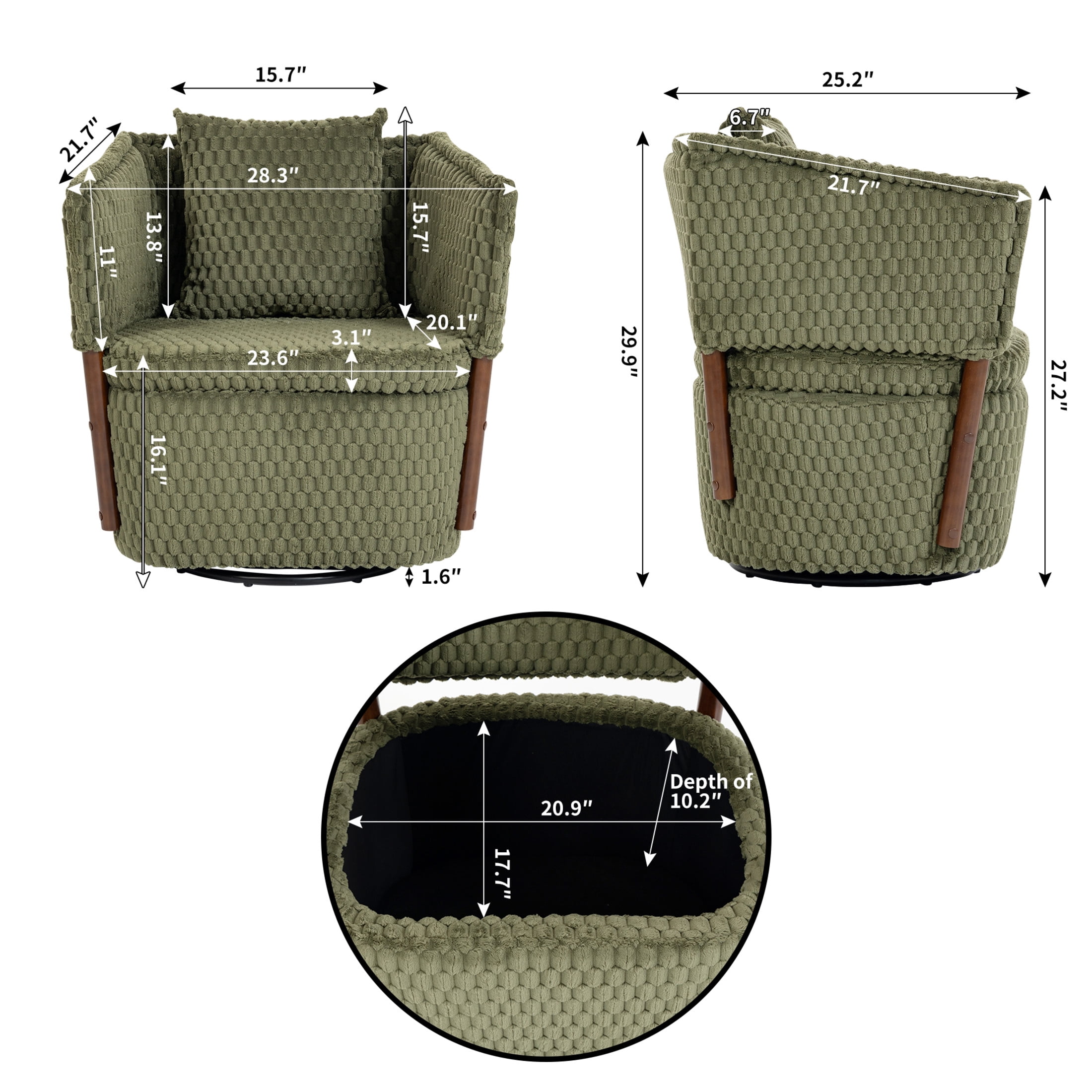 GDF Studio Derwin Mid-Century Modern 360° Swivel Accent Chair with Storage, Reading Armchair for Living Room, Army Green