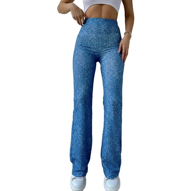 VISgogo Mujer Moda Flare Pantalones Largos, Vintage Estampado Cintura Alta Delgado Micro Campana Pantalones VISgogo moda