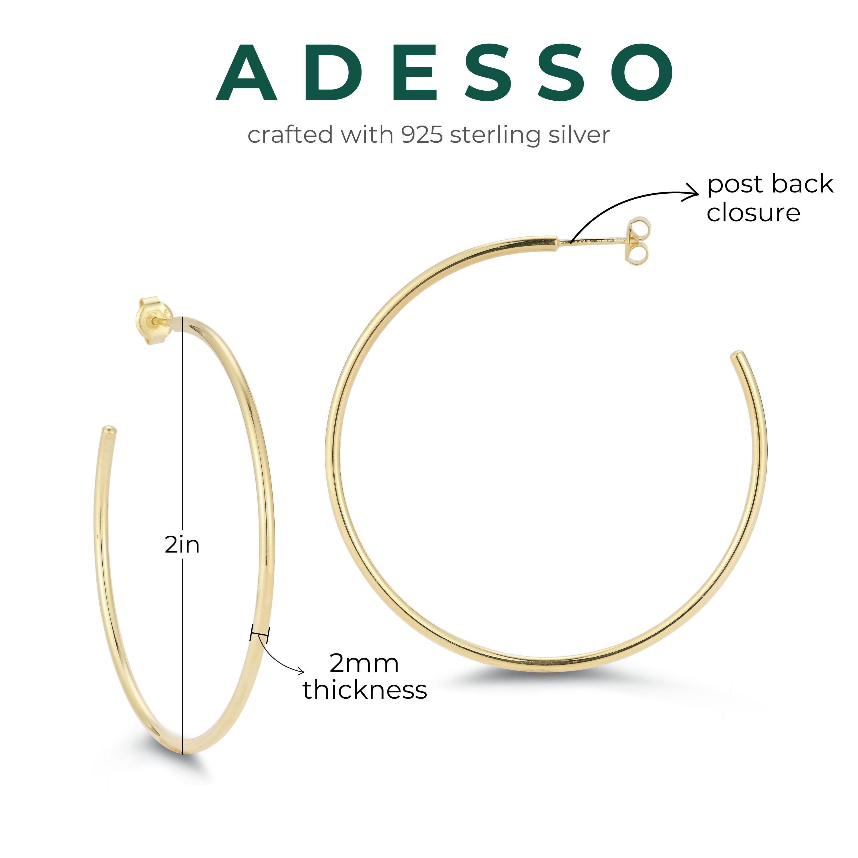 Adesso Milano Jewelry Sterling Silver 2mm Thin Tube Hoop Earrings for Women, 2" Diameter, Gold