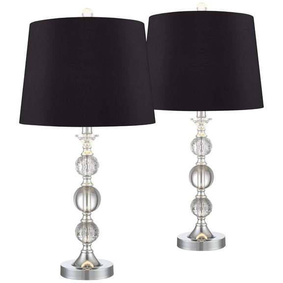 360 Lighting Solange 25" High Modern Luxe Table Lamps Set of 2 Silver Finish Metal Stacked Crystal Black Shade Living Room Bedroom