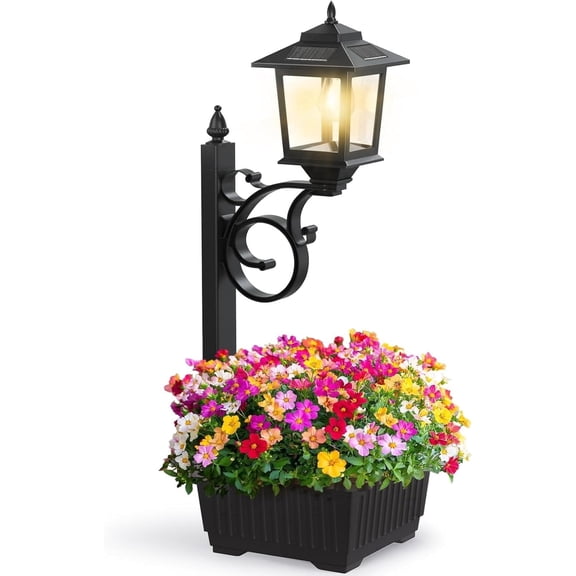 2 in 1 Outdoor Flower Pots for Real or Fake Flowers, Solar Lamp Post Lights - Wall Mount or Freestanding, Waterproof Decorative Lamp for Lawn, Patio, Front/Back Door