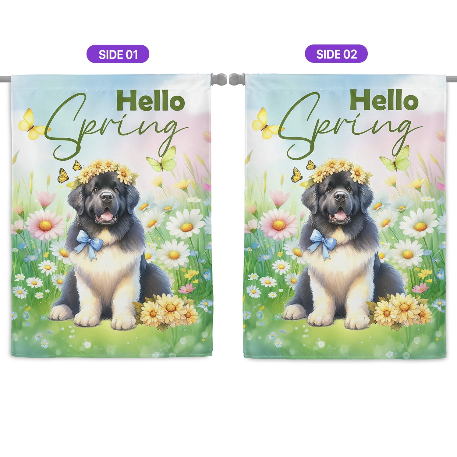 Newfoundland Hello Spring Time Flower Floral Nature House Flag 28x40in Double Sided Newfie Dog Lover Gifts Outdoor Decor - 02031