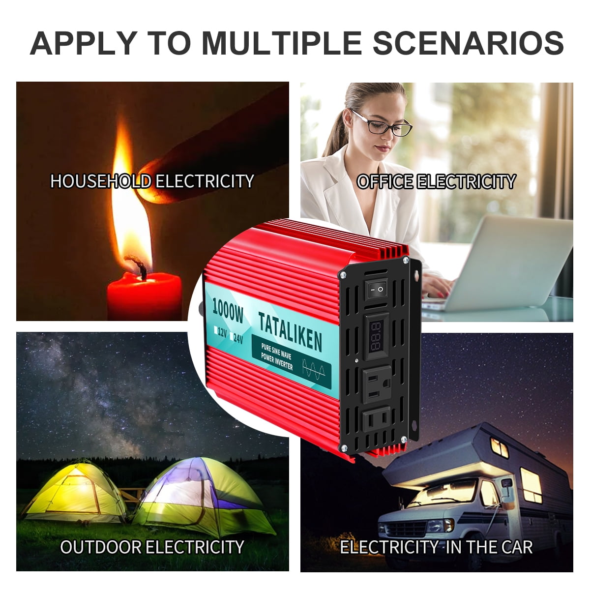 TATALIKEN 1000 Watts 2000 Watts Pure Sine Wave Power Inverter DC 12V to AC 110V/120V Car Inverter with 2 AC Outlets for Power Tools Home Vehicles RV Truck, LCD Display