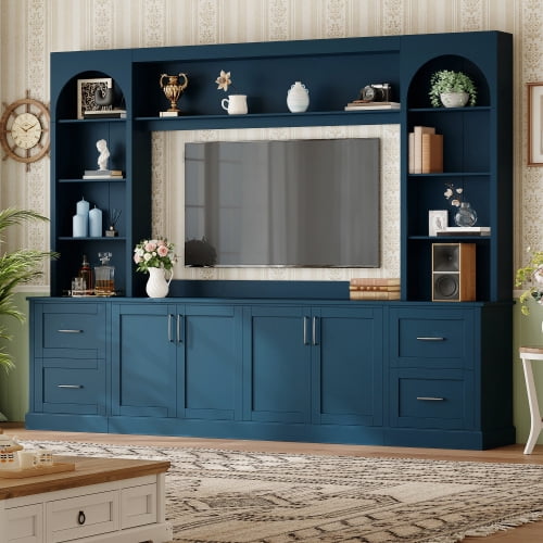 Modern Arched Farmhouse TV Stand for TVs up to 65 Inches, Entertainment Center with Drawers, Cable Holes and Adjustable Shelves, Blue