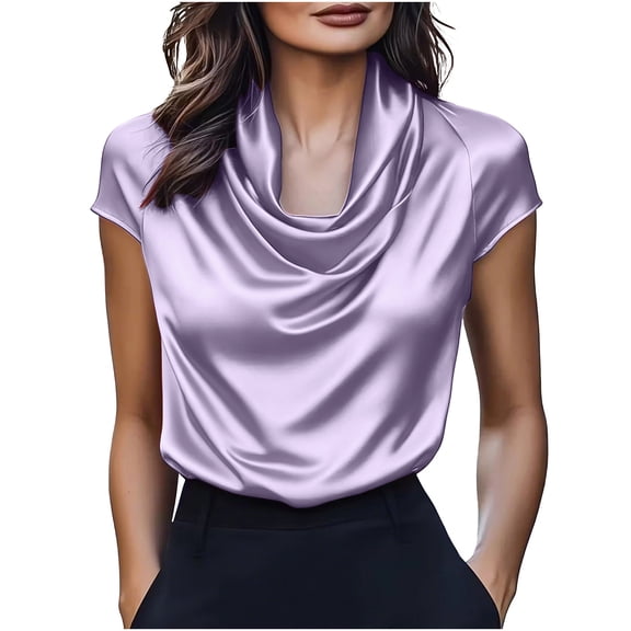 UAMVSH Womens Silk Satin Tops Dressy Casual Cap Sleeve Shirts Elegant Cowl Neck Business Tunic Blouse Work Office Outfits