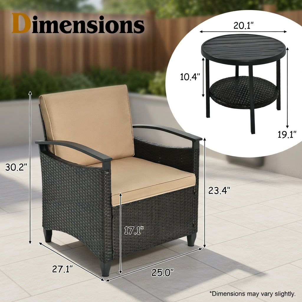 Hommoo 3-Piece Outdoor Rattan Patio Furniture Set, 2 Seater Sofas with Cushions + Storage Coffee Table with Shelf, Weather-Resistant Wicker Garden & Backyard Set, Brown and Black