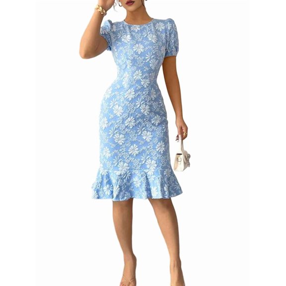 Womens Casual Dresses for Summer Short Sleeve Flare Bodycon Midi Dress Blue XL