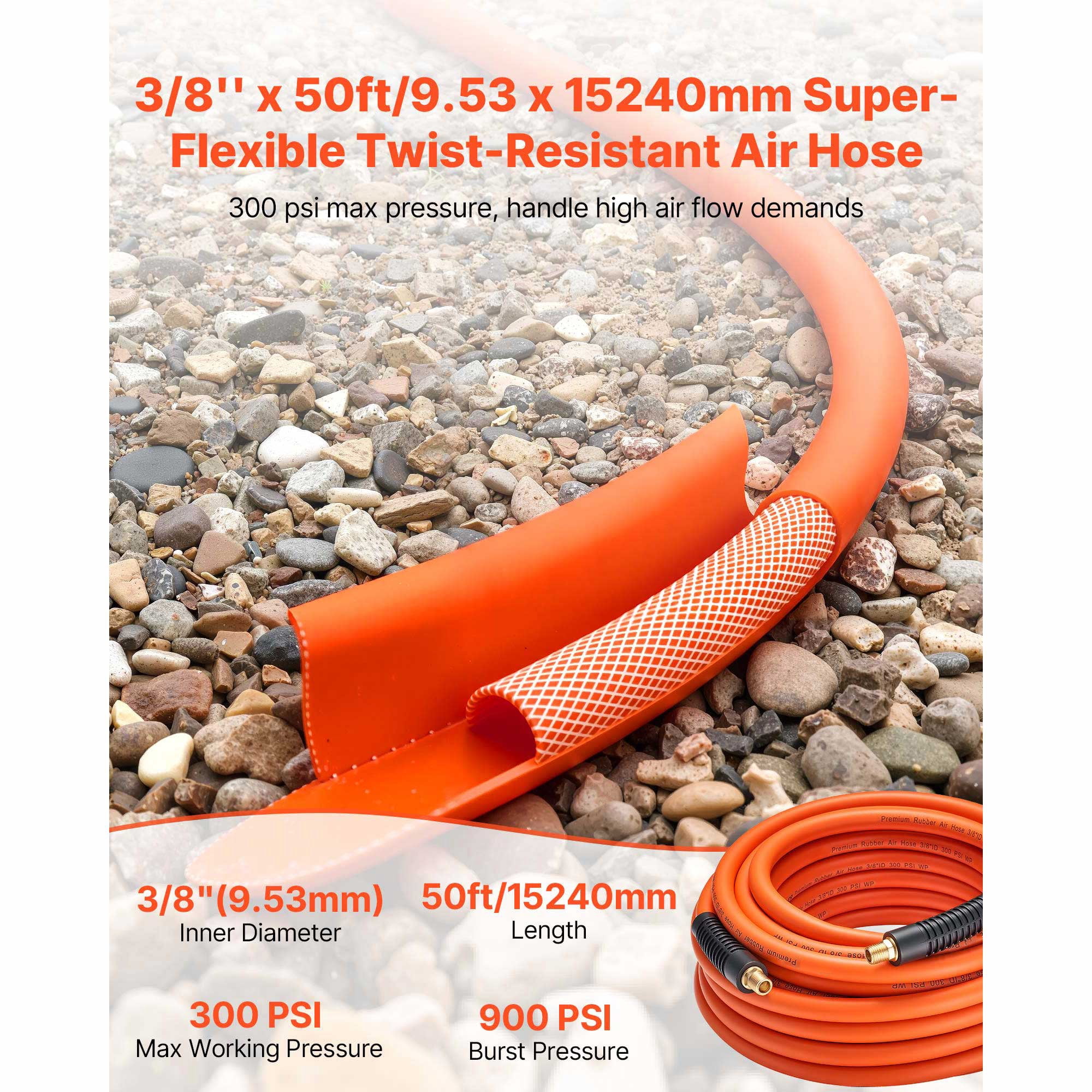 KFFKFF 3/8'' x 50ft Hybrid Air Hose, Lightweight and Flexible, Kink-Resistant Pneumatic Hose with 1/4 inch Solid Brass Male Fittings, Durable Three-Layer Design, 300 PSI