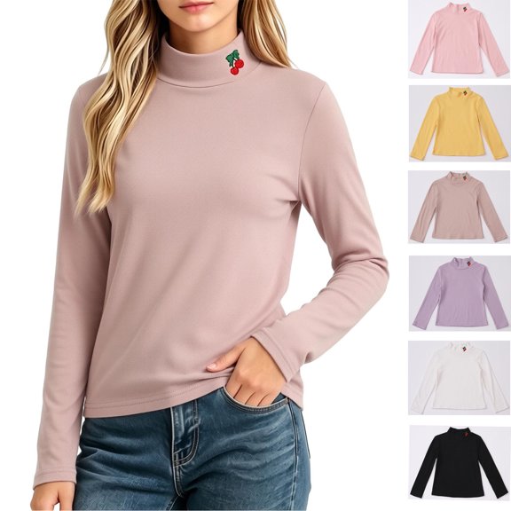 Xaqiouau Girls Mock Neck Embroidery Long Sleeve Soft Stretchy Slim Basic Shirts Everyday Essential All-Season Kids Pullover Tops School Daily Wear Casual Tee Hot Pink 10-11Years