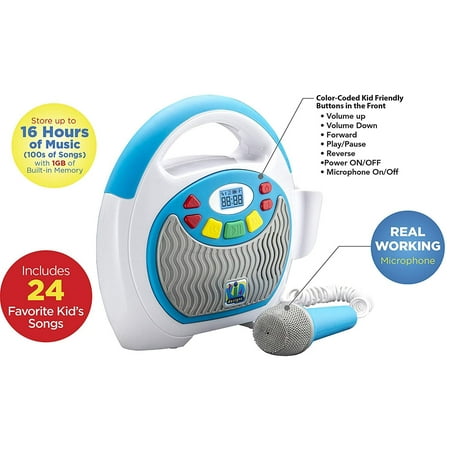 Mother Goose Club Bluetooth Sing Along Portable MP3 Player Real Mic 24 Songs Built In Stores Up To 16 Hours of Music 1 GB Built In Memory USB Port Expands Your Content Built In Rechargeable