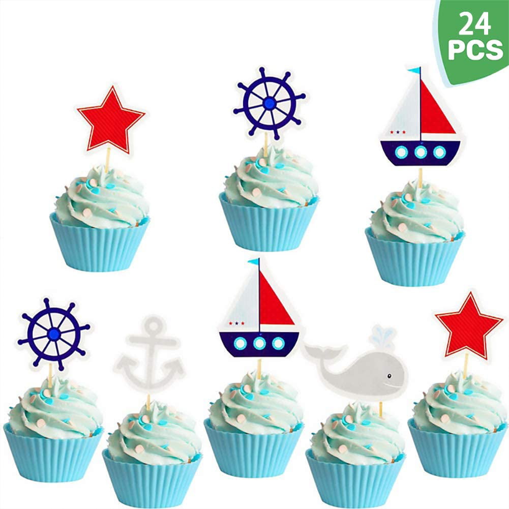 24pcs /Set Nautical Cupcake Picks Cake Topper Birthday Party Baby Shower 