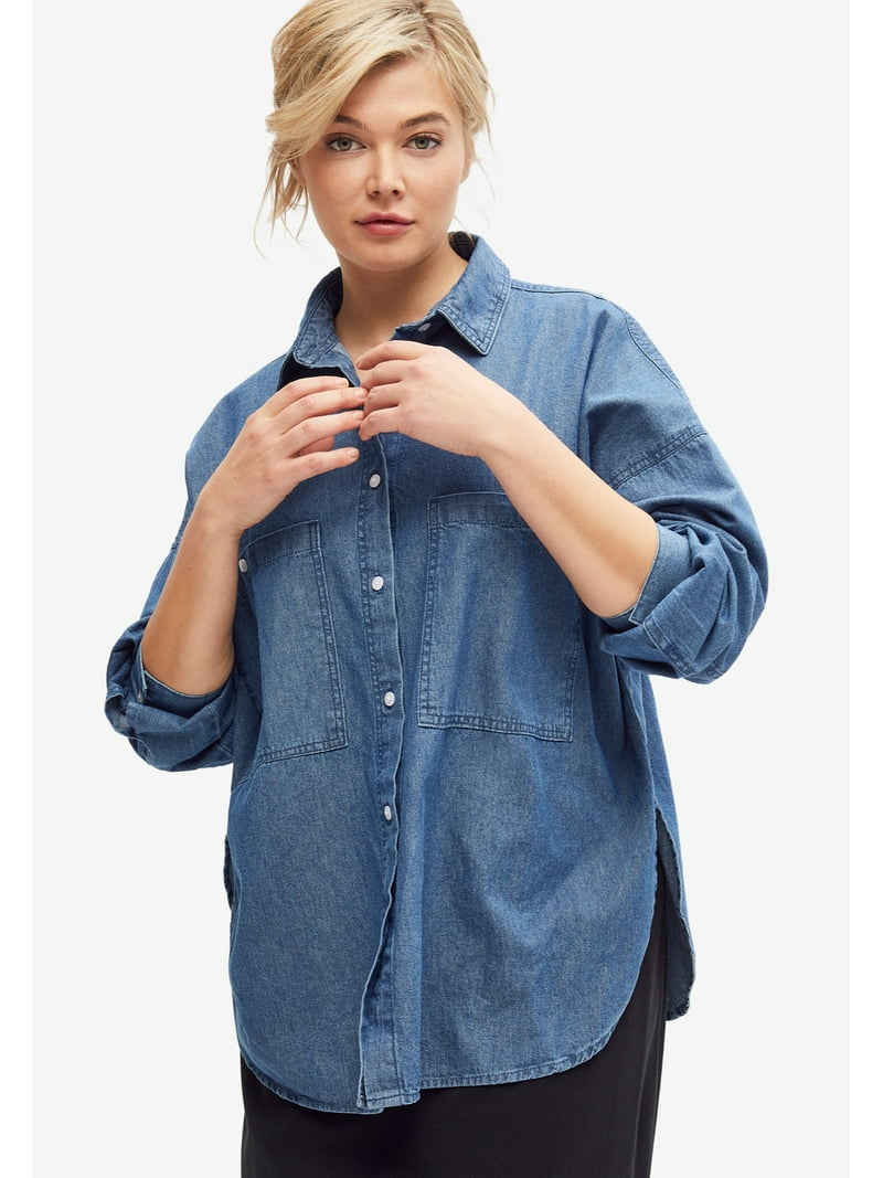 ellos Women's Plus Size Oversized Button-Front Denim Shirt
