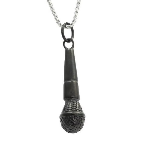 PAMTIER Men Stainless Steel Vintage Personality Punk Singer Musical Microphone Pendant Necklace Minimalist Jewelry Black with Chain