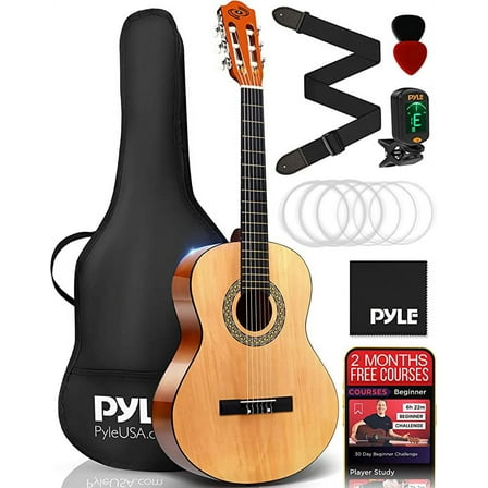 Pyle Classical Acoustic Guitar Kit, 1/2 Junior Size Instrument for Kids, Adults, 34” Natural Gloss