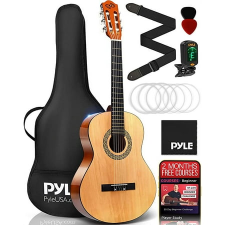 Pyle Classical Acoustic Guitar Kit, 1/2 Junior Size Instrument for Kids, Adults, 34” Natural Gloss