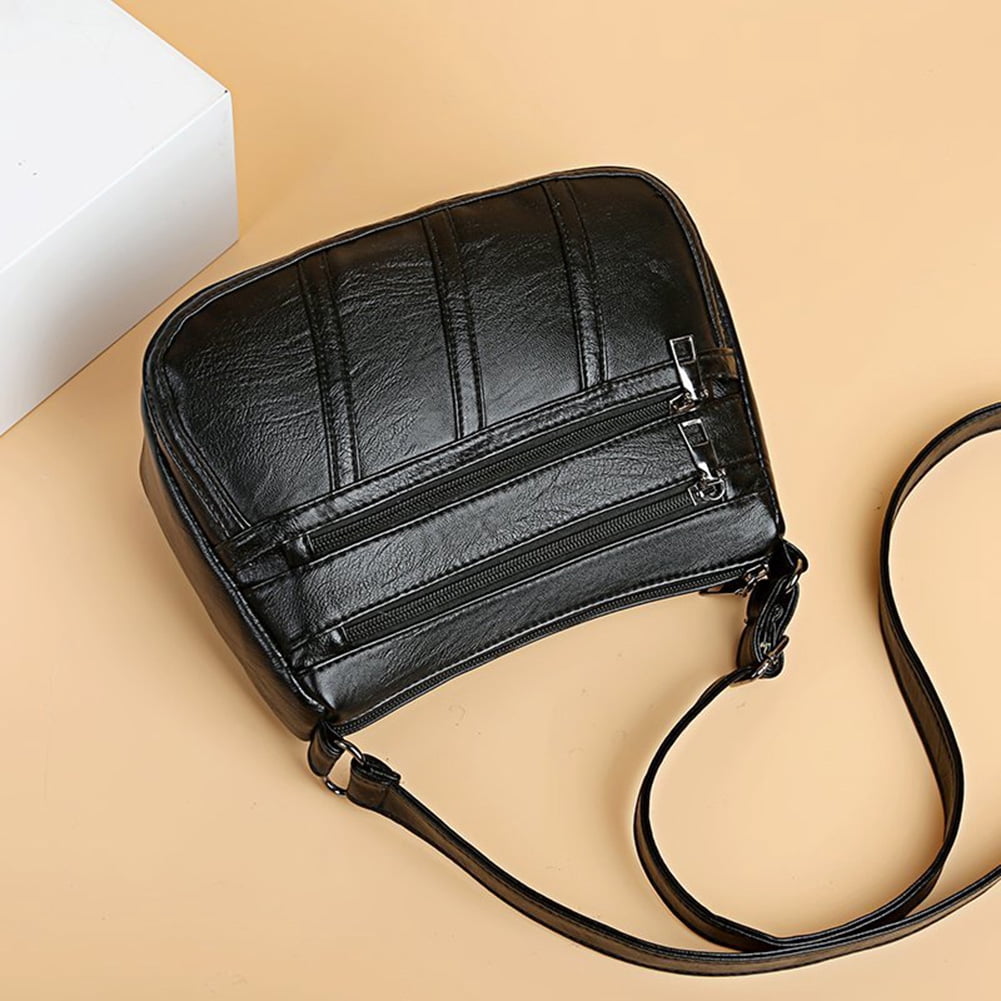 Women PU Shoulder Bag Multi-pocket Mother Solid Crossbody Handbag (Black)